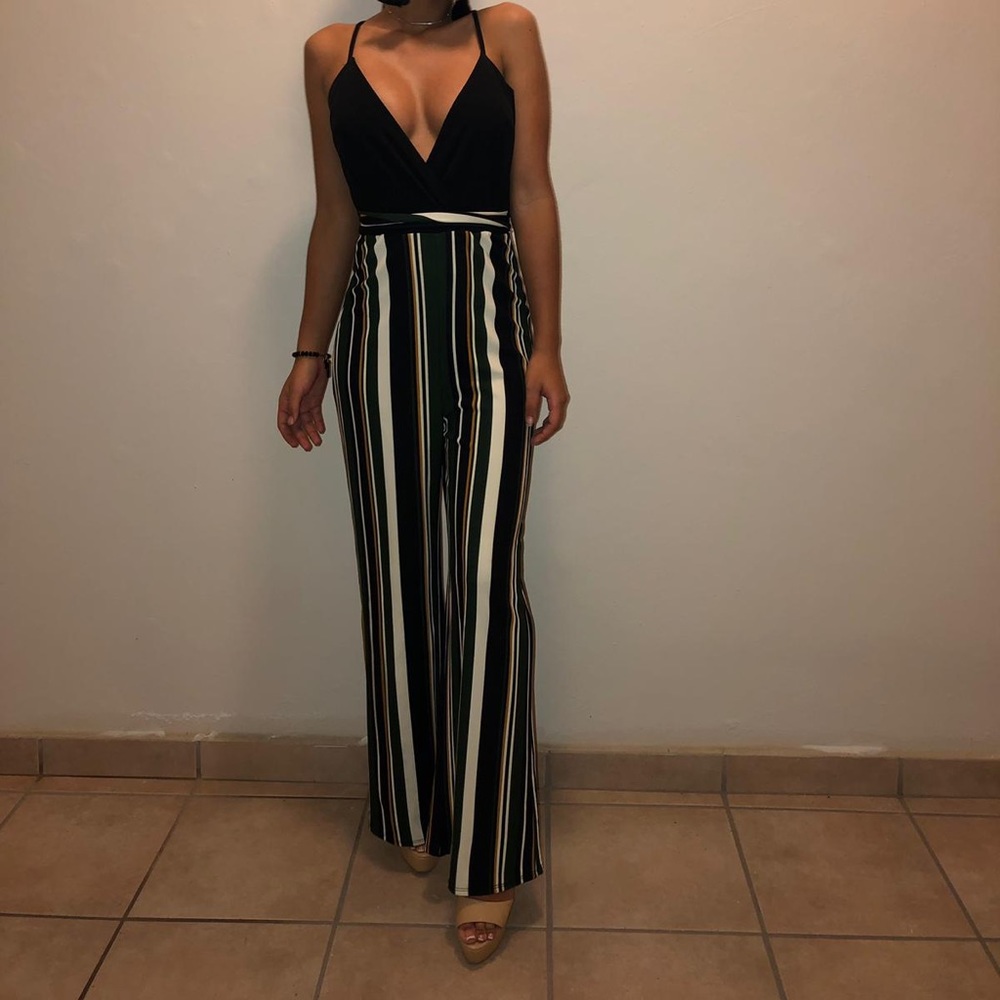 Stripped Open Front Stripped Jumpsuit Romper🖤💚💛